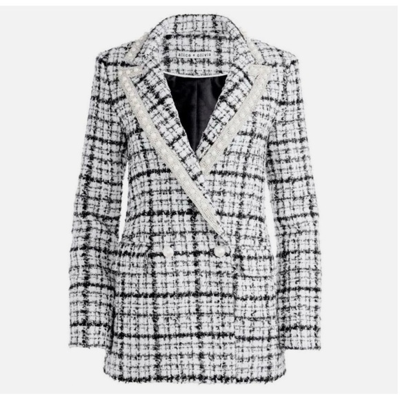 $895 Alice + Olivia's Justin double-breasted tweed and embellishments blazer
